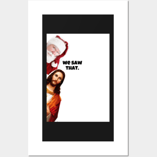 jesus looking around corner with santa christmas funny cards Posters and Art